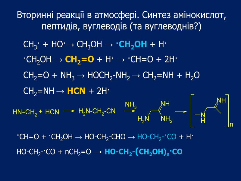 Вторинні реакції в атмосфері. Синтез амінокислот, пептидів, вуглеводів (та вуглеводнів?) CH3· + HO·→ CH3OH